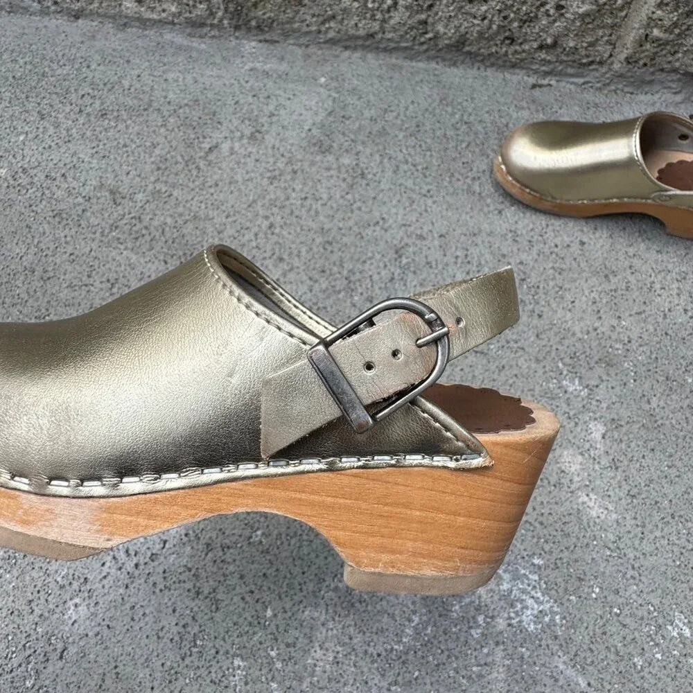 HANNA ANDERSSON Gold Slingback Wooden Clogs Girls 11.5 29 Metallic Leather Clog - Picture 6 of 10